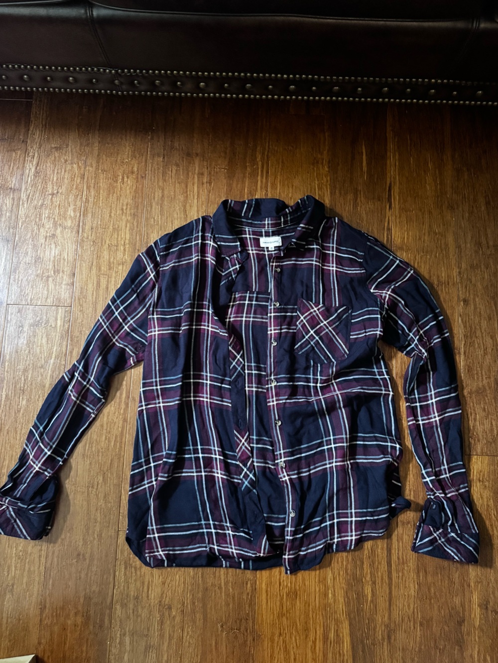 Thread & Supply Flannel Red Navy White Plaid Casual Button-Up Long Sleeve Shirt